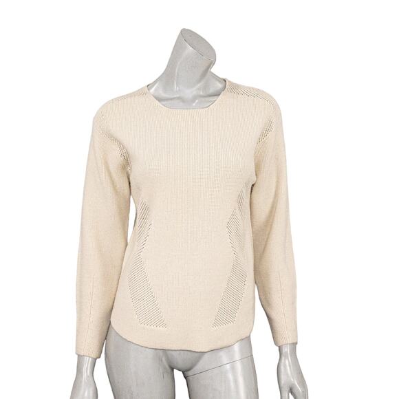 HELMUT LANG Women's 100% Wool Modern Borders Pullover Sweater Beige knit sz P S - Picture 1 of 10